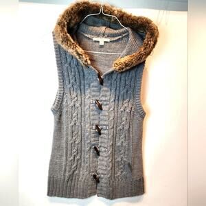 Vintage Carolyn Taylor Gray Cable Knit Hooded Sweater Vest Fur Lined Hood Size L